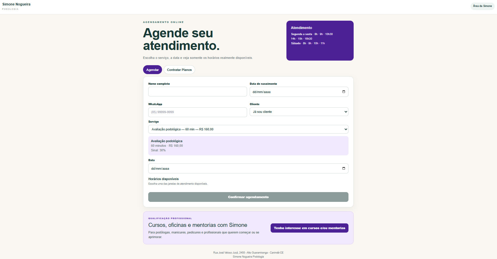Página pública de agendamento de uma clínica